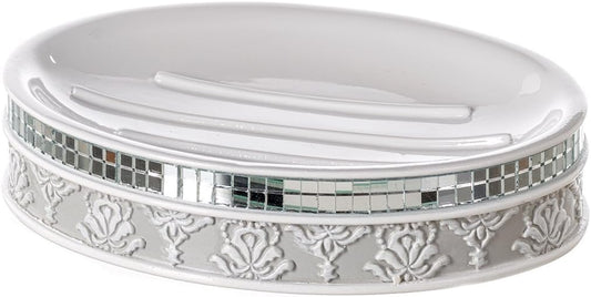 Creative Scents Mirror Damask Soap Dish for Bathroom, Decorative Dry Bar Holder, Best Dishes for Sink/Bath/Shower Decor (Gray & White)