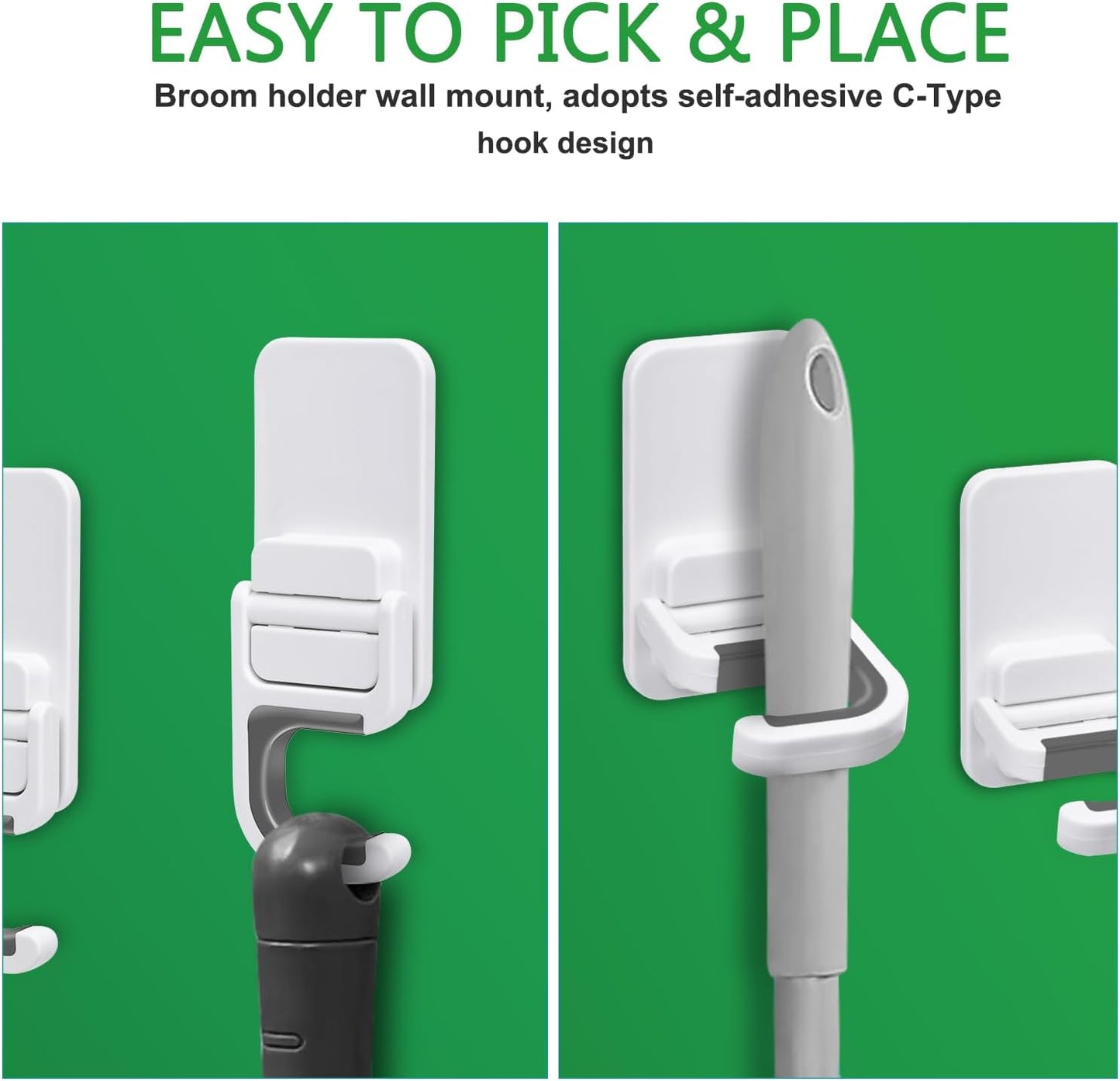 6 pack Broom Holder Wall Mount Mop Holder Broom and Mop Gripper Self Adhesive Peel and Stick Anti-Slip Mop Handle Hanger Household Cleaning Organizer, Holds up to 6 lb