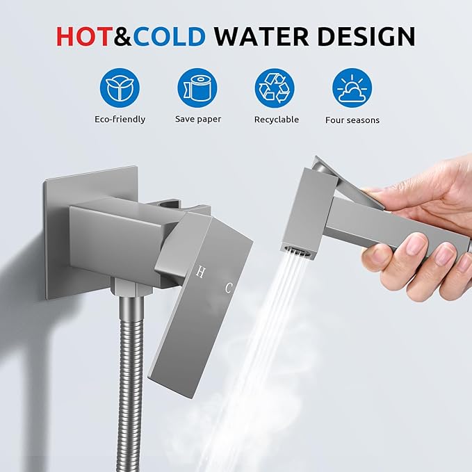 Arofa Warm Water Bidet Sprayer for Toilet with Hot and Cold Rough-in Valve, Hands-Free Handheld Jet Spray with Adjustable Water Flow, Square Toilet Sprayer with Bidet Hose for Feminine Wash