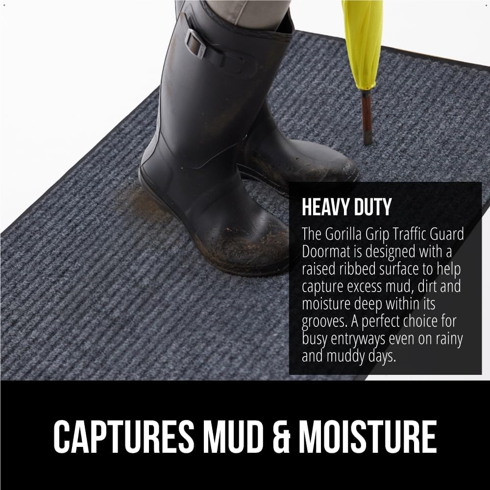 GORILLA GRIP Traffic Guard Door Mat, 60x36, Heavy Duty Welcome Mats, Commercial Office Space Doormat, Waterproof, Fade Resistant, Strong Rubber Backing, Low Profile, Shoe and Boot Scraper, Gray