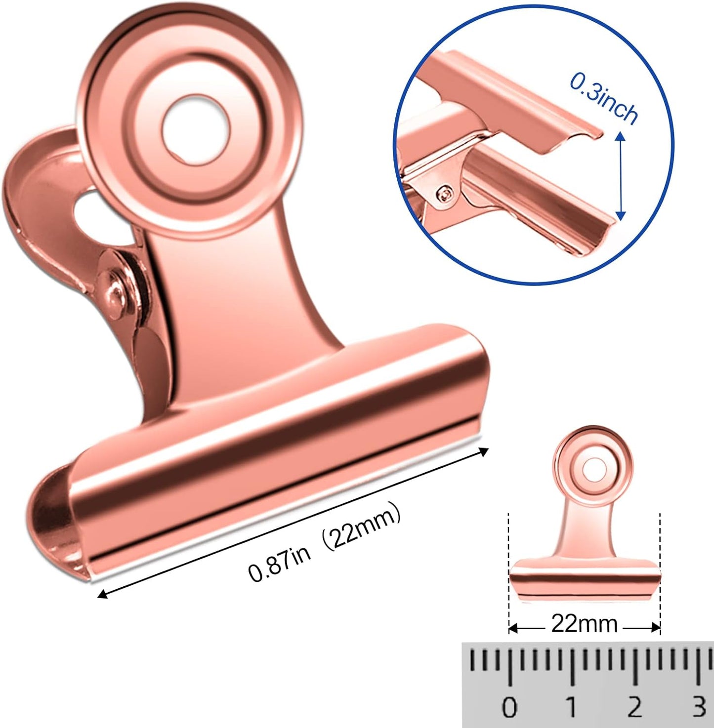 30 Pack Small Bull Clips 0.87 Inch Mini Metal Hinge Clips Binder Paper Hinge Clip for Office, Home, School, Shops, Rose Gold, 22mm