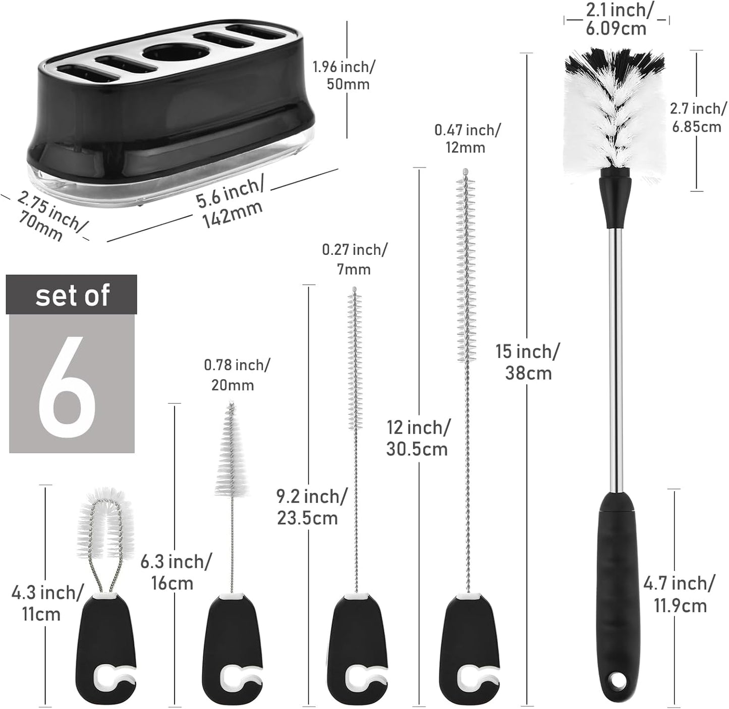 ALINK 5 Pack Water Bottle Brush Cleaning Set with Holder, Bottle Cleaner with Stand, Straw Nipple Lid Brush for Stanley 40OZ/30OZ Tumblers, Drinking Glass, Baby Bottles, Jugs - Black