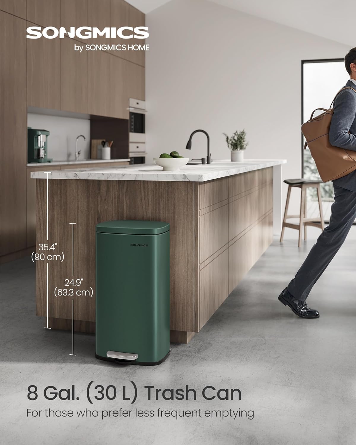 SONGMICS Trash Can with Lid, 8 Gallon Garbage Can, Stainless Steel Small Waste Bin with Step Pedal and Inner Bucket, Soft Close, Kitchen, Retro Green ULTB003C01