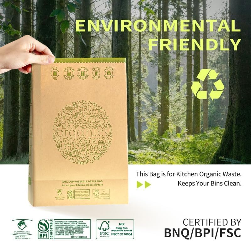 HYTREND-Kitchen Food Waste Bag-120 Bags-%100 Compostable paper Bag - Leak Resistant- Plastic Free - Small-Certified by BNQ and BPI