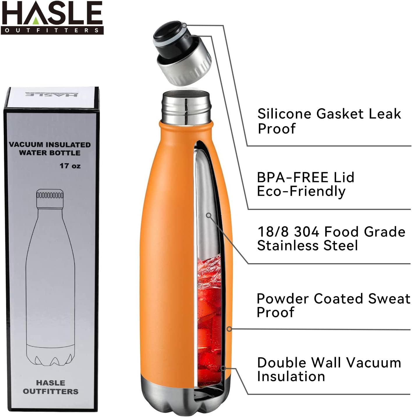 HASLE OUTFITTERS 17oz Stainless Steel Water Bottles, Vacuum Insulated Water Bottles Double Walled Powder Coated Reusable Metal Sports Water Bottles Keep Drinks Hot and Cold, Orange, 1Pack