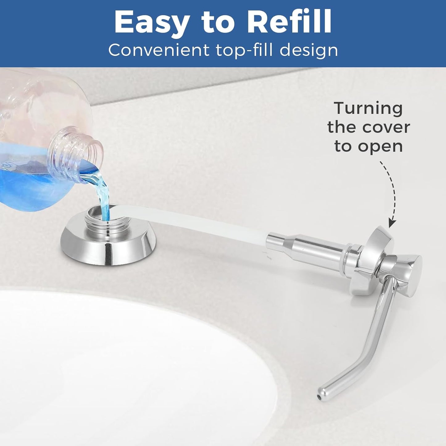 Heavy Duty Brass Countertop Liquid Soap Dispenser, Commercial Grade Top Fill Built-in Soap Dispenser with 34 oz/ 1L Bottle for Bathroom, Kitchen, Public Restroom, Chrome Finish, 4” Spout