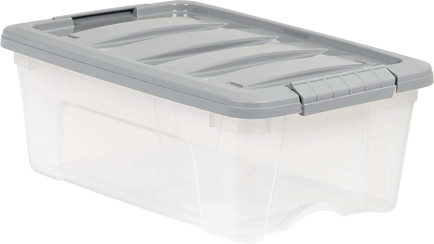 Amazon Basics Plastic Storage Containers with Secure Latching Lids, Stackable Organization Bins, Clear/Grey, 12 Quart, Set of 6