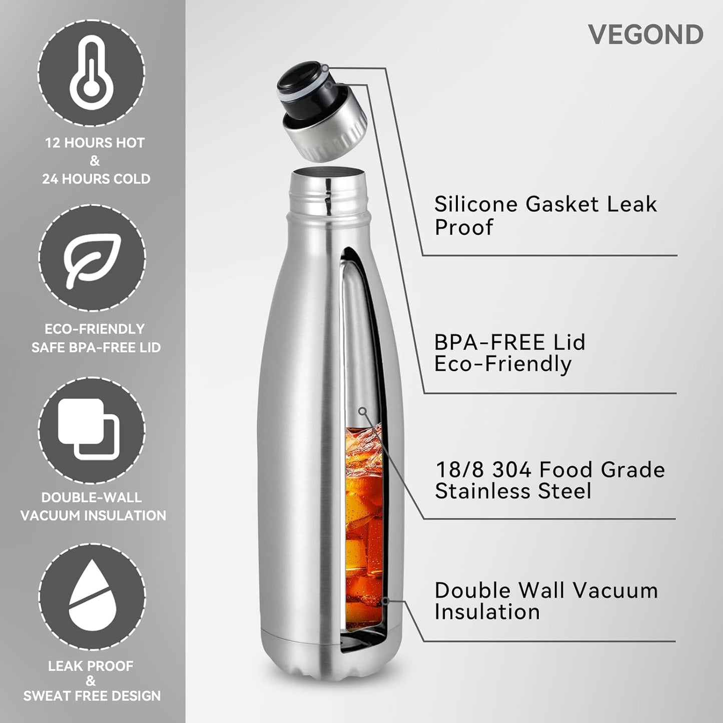 VEGOND 17oz Stainless Steel Water Bottles Bulk, Reusable Metal Sports Water Bottle Keeps Drink Hot and Cold, BPA Free Double Wall Vacuum Cola Shape Insulated Water Bottles for Camping Gym, 4 Pack