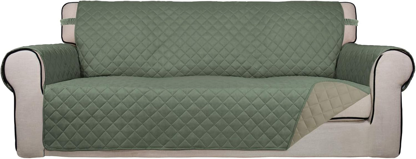 PureFit Reversible Quilted Sofa Cover, Water Resistant Slipcover Furniture Protector, Washable Couch Cover with Non Slip and Elastic Straps for Kids, Pets (Oversized Sofa, Greyish Green/Beige)