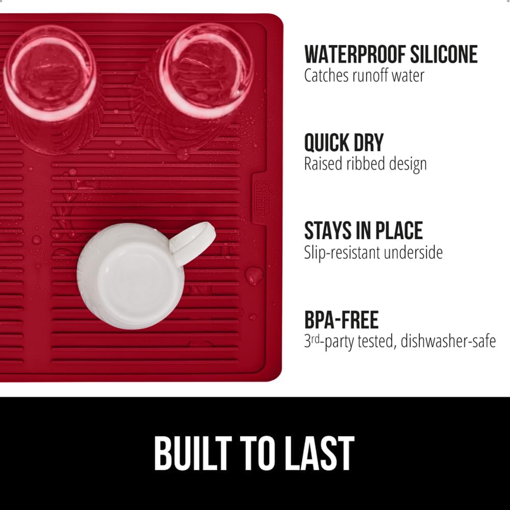 GORILLA GRIP 100% BPA-Free Patented Silicone Dish Drying Mat for Kitchen Counter, Water Catching Ribbed Design, Easy Clean Waterproof Sink Liner, Heat Resistant, Fits Under Rack, 16x12 Inch, Red