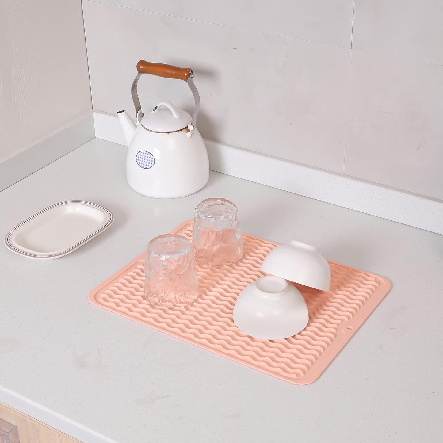 Silicone Dish Drying Mat for Multiple Usage,Easy clean,Eco-friendly,Heat-resistant Silicone Mat for Kitchen Counter or Sink,Refrigerator or drawer liner Pink L 16 inches x 12 inches