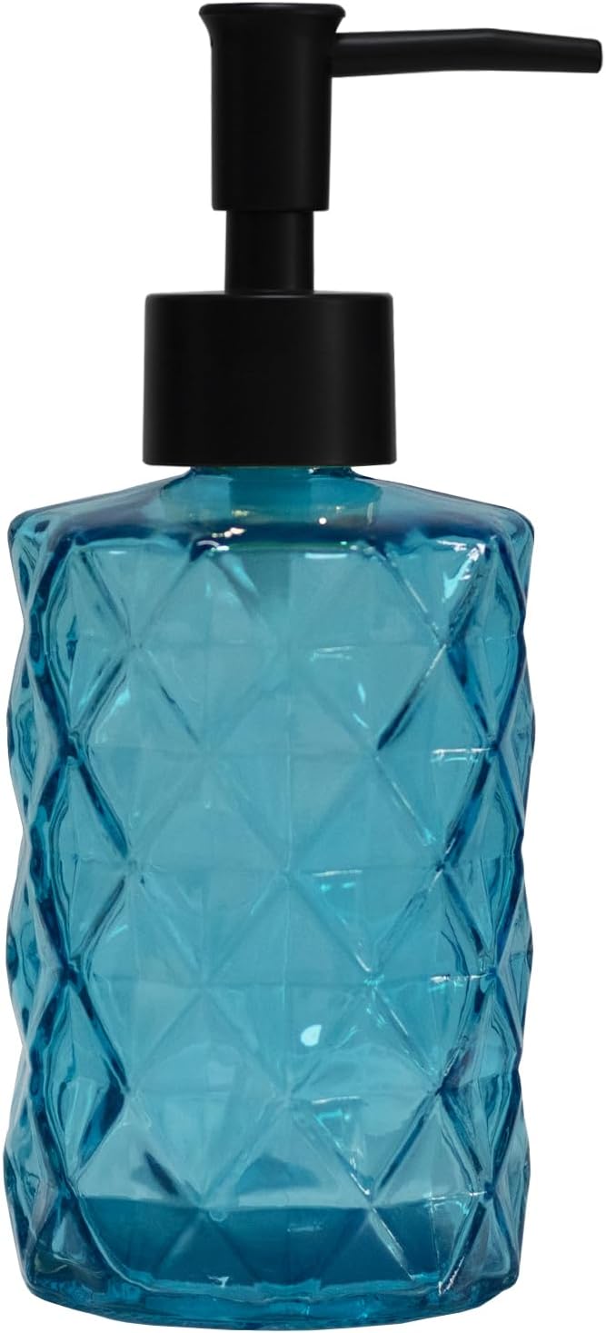 Blue Glass Soap Dispenser with Black Plastic Pump, 12oz Refillable Liquid Hand Soap Dispenser, Crystal Lotion Bottle for Modern Home Decor, Bathroom, Kitchen Countertop, Hotel