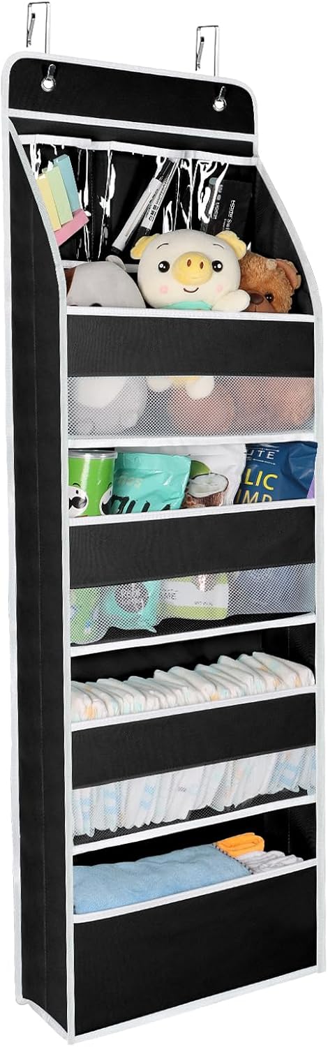 Univivi 5-Shelf Fabric Door Storage Over Door Hanging Organizer with 4 Large Pockets and 3 Small PVC Pockets Nursery Closet Cabinet Wall Mount Hanging Storage Organizers for Baby Nursery (Black)