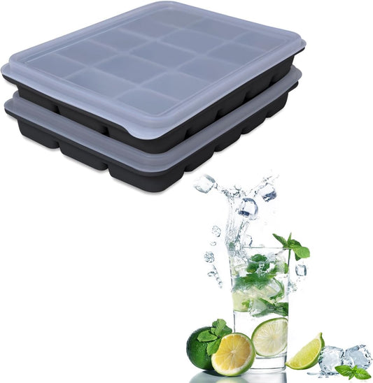 Tvmania Ice Cube Trays Set of 2, Easy Release 15 Flexible Silicone Ice Cube Molds with Removable Lid Reusable Freezer Ice Trays Stackable for Whiskey, Baby Food, BPA Free (black)