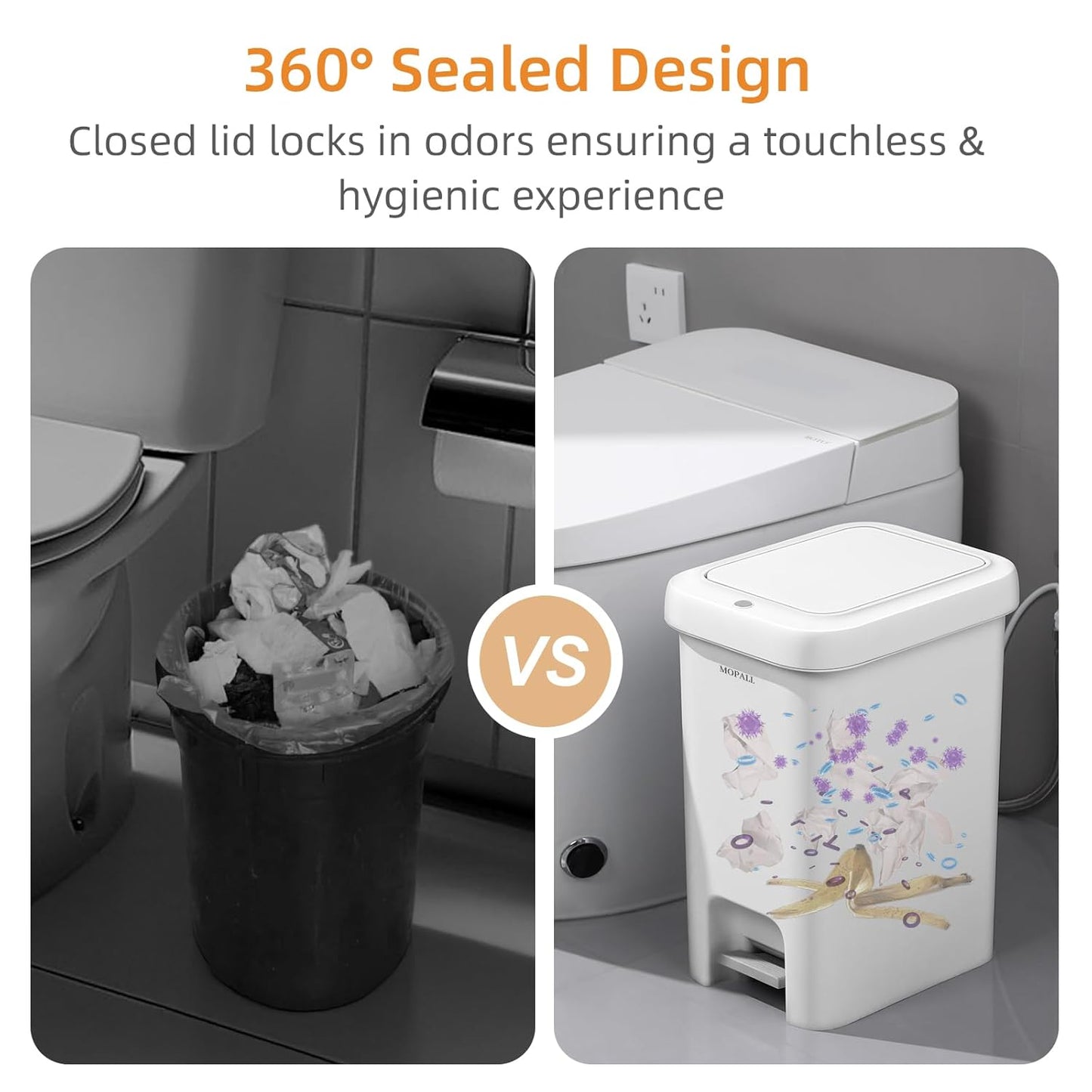 MOPALL Small Bathroom Trash Can with Lid Soft Close, Garbage Can with Press Top Lid & Foot Pedal, Step Trashcan Slim Trash Bin Waste Basket for Toilet, Office, Bedroom, Kitchen, Living Room 2.7 Gallon