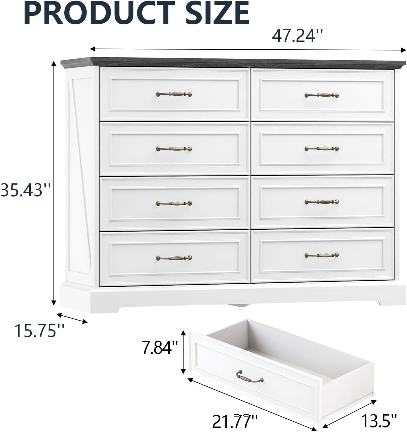 8 Drawer Dresser for Bedroom, 47" Wide Wooden Chest of Drawers, Rustic Farmhouse Dresser with Large Drawers & Metal Handles, Modern Storage Organizer for Closet, Living Room, Hallway, White