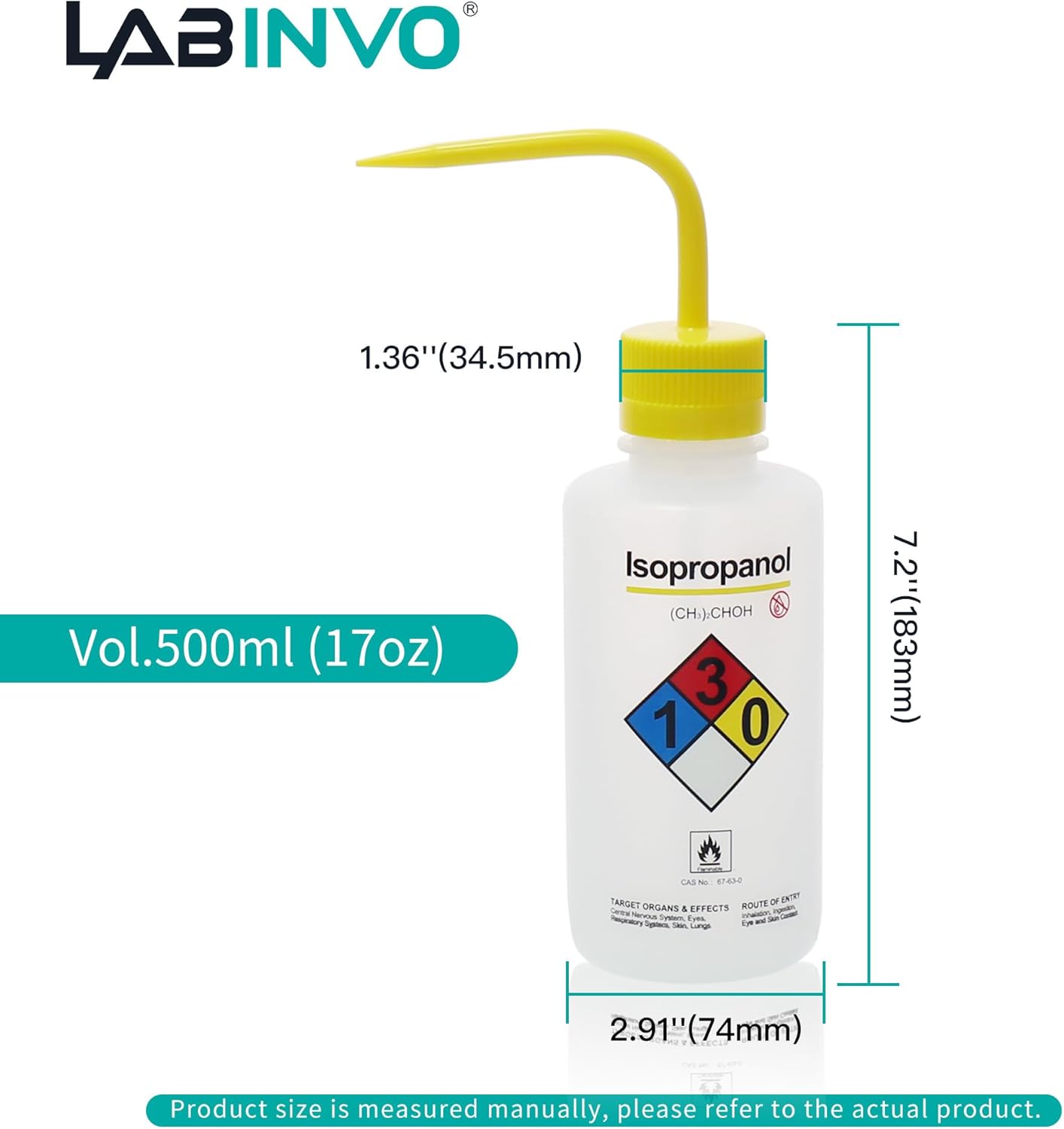 Isopropanol Wash Bottle, 1 PC of Vol.500ml (17oz), Narrow Mouth, Self-Venting Safety Wash Bottles, LDPE Material, IN-WBI501