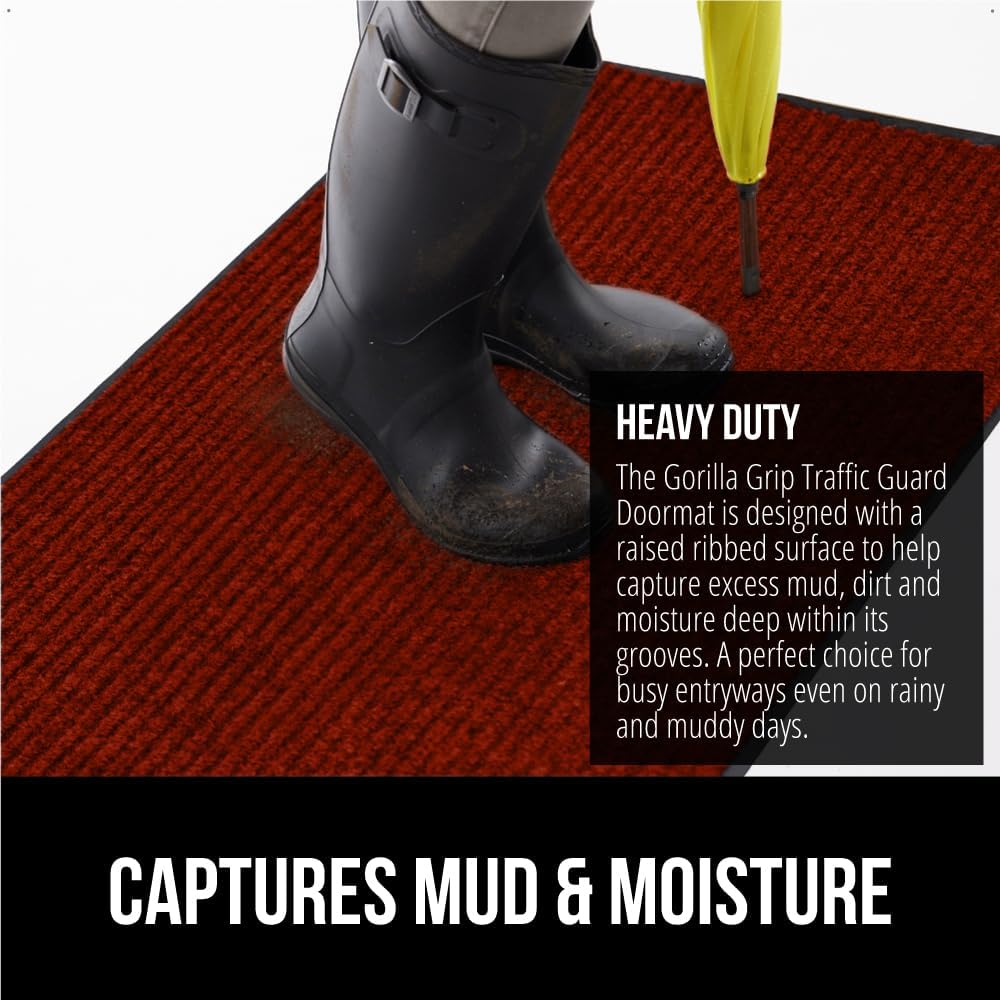 GORILLA GRIP Traffic Guard Door Mat, 47x35, Heavy Duty Welcome Mats, Commercial Office Space Doormat, Waterproof, Fade Resistant, Strong Rubber Backing, Low Profile, Shoe and Boot Scraper, Red