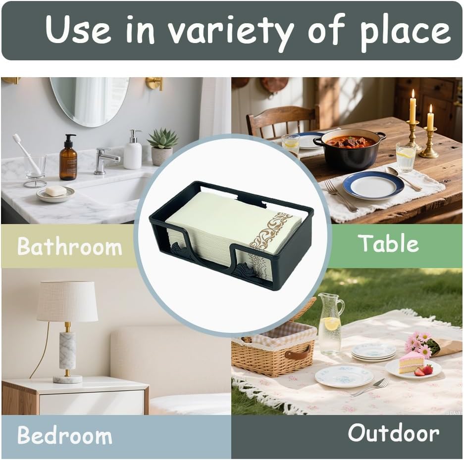 Metal Napkin Holder for Bathroom and Kitchen - Black Floral Design Disposable Hand Towel Holder Tray, Guest Towel Organizer for Countertop, Paper Napkin and Towel Dispenser(Black)