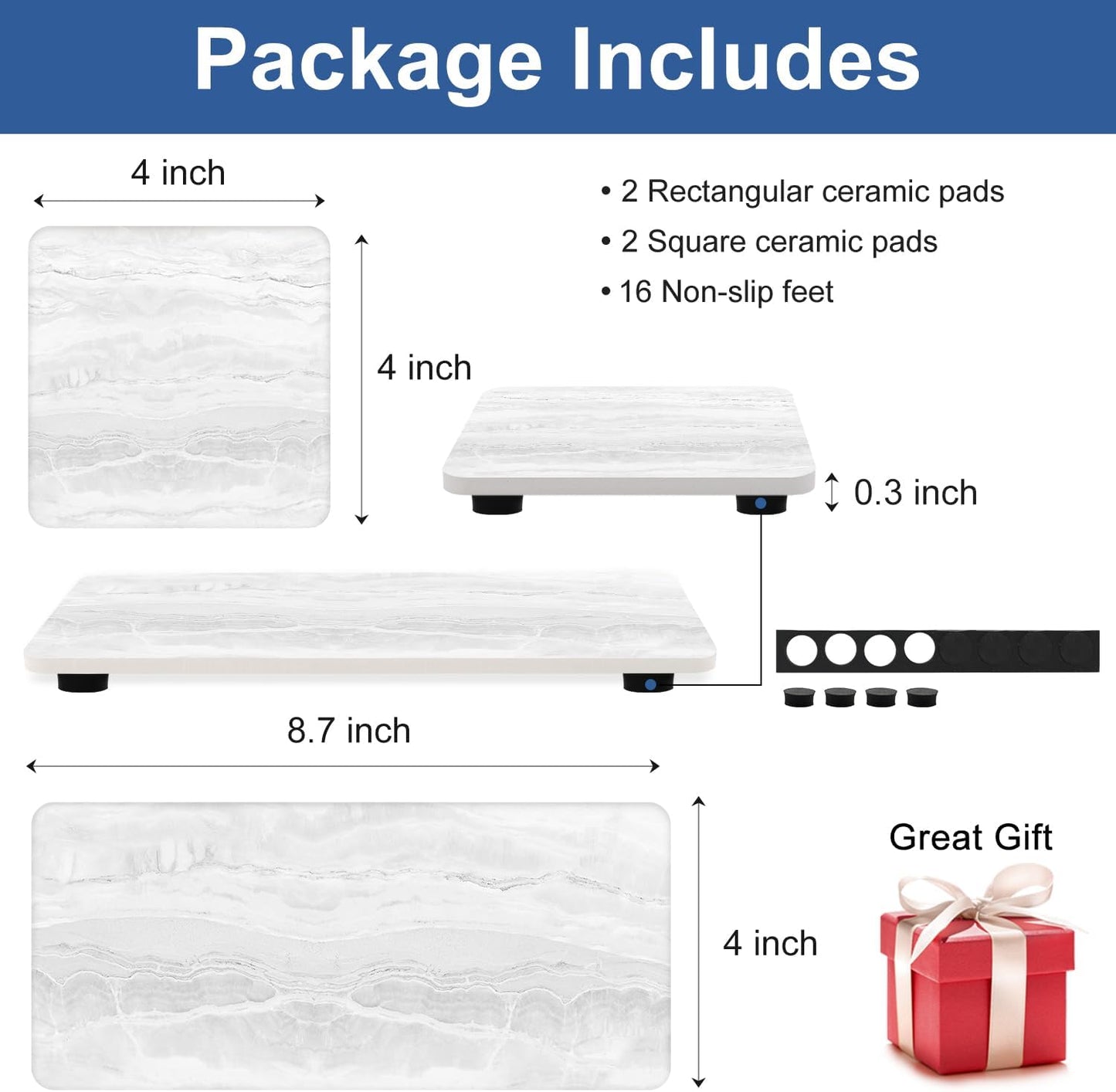 4 Pack Water Absorbing Stone Drying Tray for Bathroom Sink Trays Kitchen Counter Diatomite Stone Quick Dry Diatomaceous Earth Mat for Sink Kitchen Soap Trays Ceramic Marble Bathroom Vanity Tray