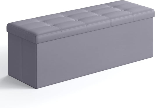 SONGMICS MAZIE Collection - 43 Inches Folding Storage Ottoman Bench, Ottoman with Storage, Foot Rest Stool, Load 660 lb, for Living Room, Synthetic Leather, Light Gray ULSF70GY