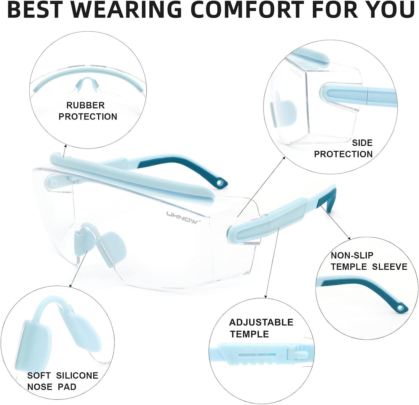 UKNOW Safety Goggles Over Glasses, Safety Glasses Anti Fog Wraparound Eye Protection, Protective Eyewear ANSI Z87.1