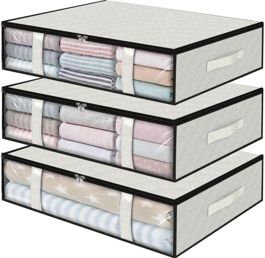 StorageRight Under Bed Storage Bins, 3-Pack 40L Foldable Fabric Storage Bags with Transparent Window, Breathable Organizer for Clothes/Blanket/Comforter/Quilt, White