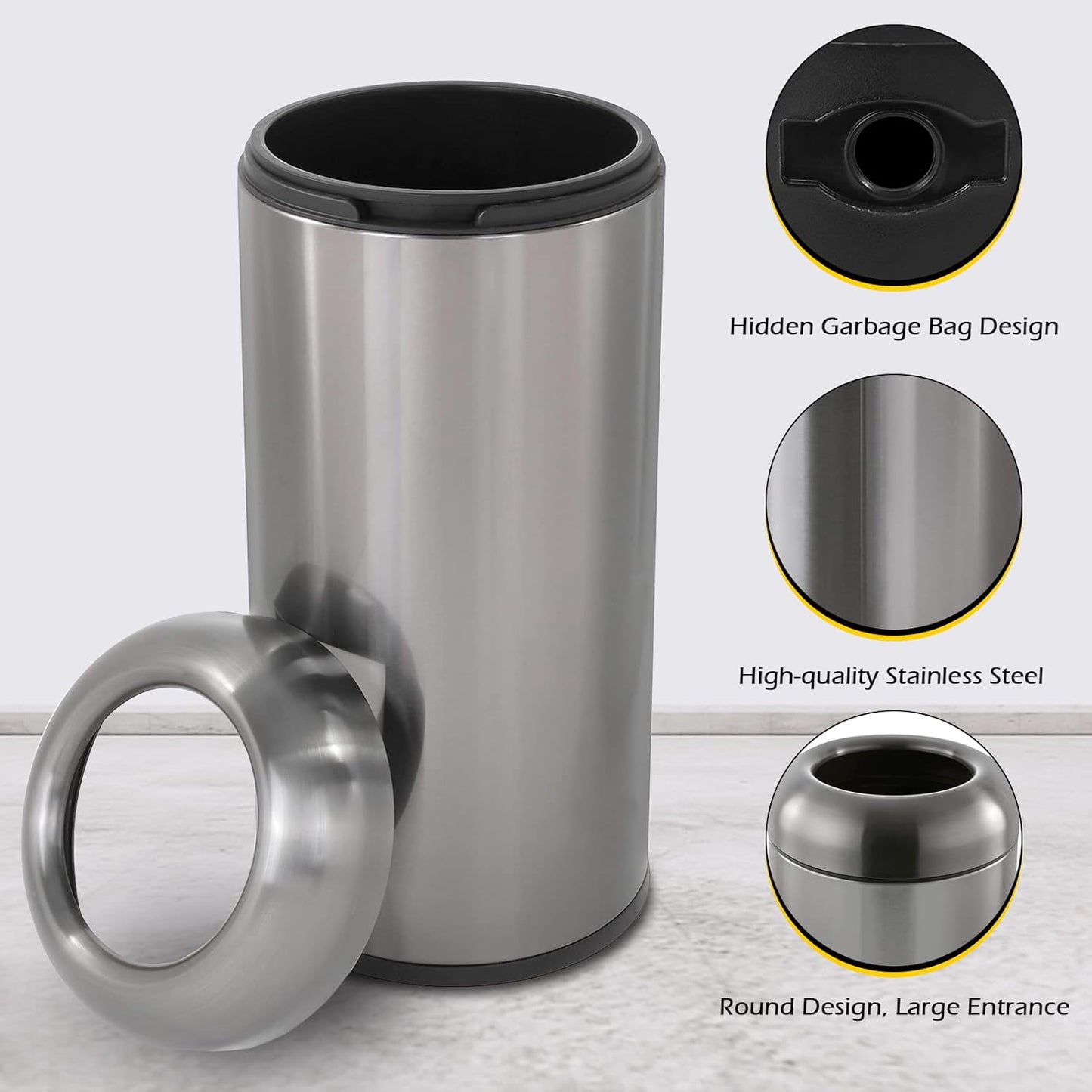 Dyna-Living Stainless Steel Trash Can Outdoor Large Garbage Can with Lid Open Top Trash Bin Commercial Big Kitchen Garbage Bin Industrial Metal Trash Enclosure (Black)