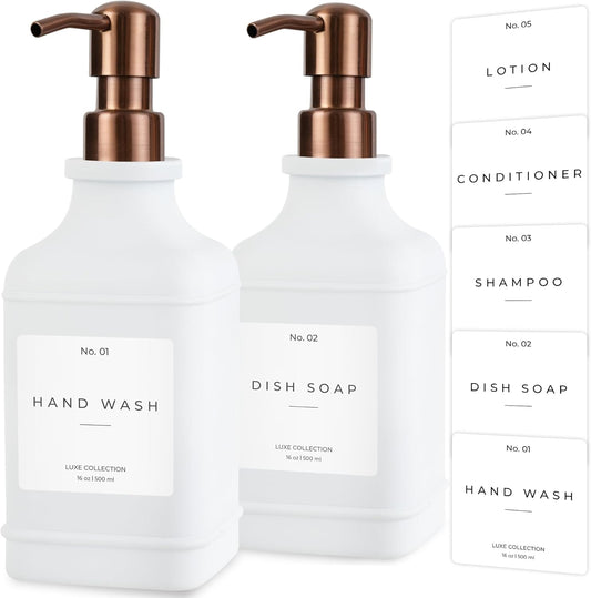 Emerson Essentials Soap Dispenser, Dish Soap Dispenser, Soap Bottle Bathroom Set, Hand Soap Dispenser, Kitchen Soap Dispenser Set - Glass Soap Dispenser with Pump and Labels, 16 Oz, 2 Pack
