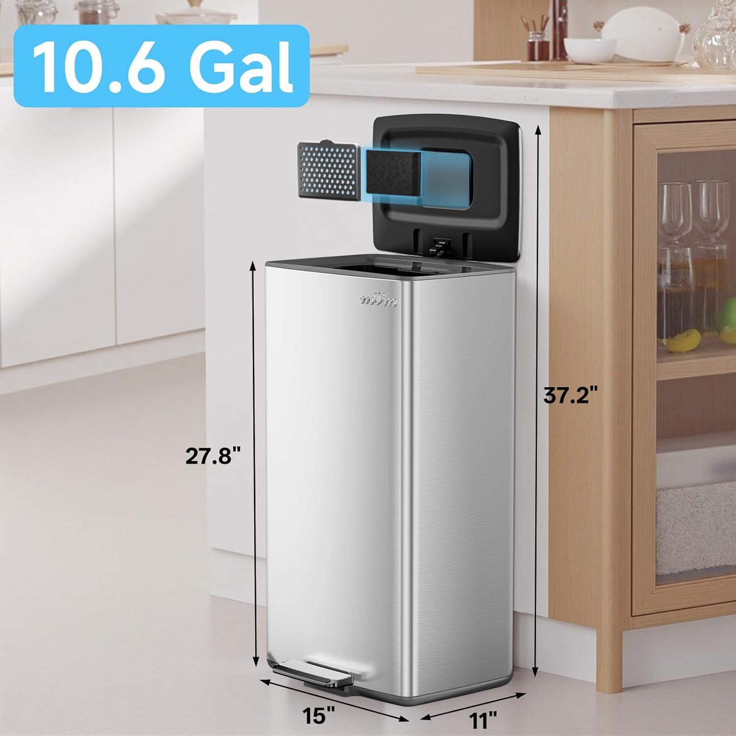 mVm 10.6 Gallon Heavy Duty Step Trash Can with Lid, Foldable Foot Pedal Bin for Kitchen Office Dormitory Home Rooms (Tin)