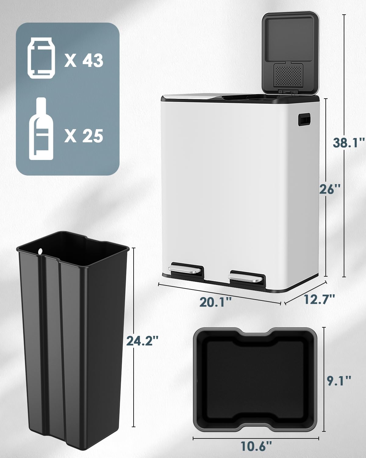 Arlopu 16Gal Dual Trash Can w/2 Built-in Box for Odor Control, Hands-Free Kitchen Garbage Bin, Recycle Waste Dustbin, Soft-Close Lid, 2 Buckets,Foot Pedal, Side Handle, Airtight,for Home Office