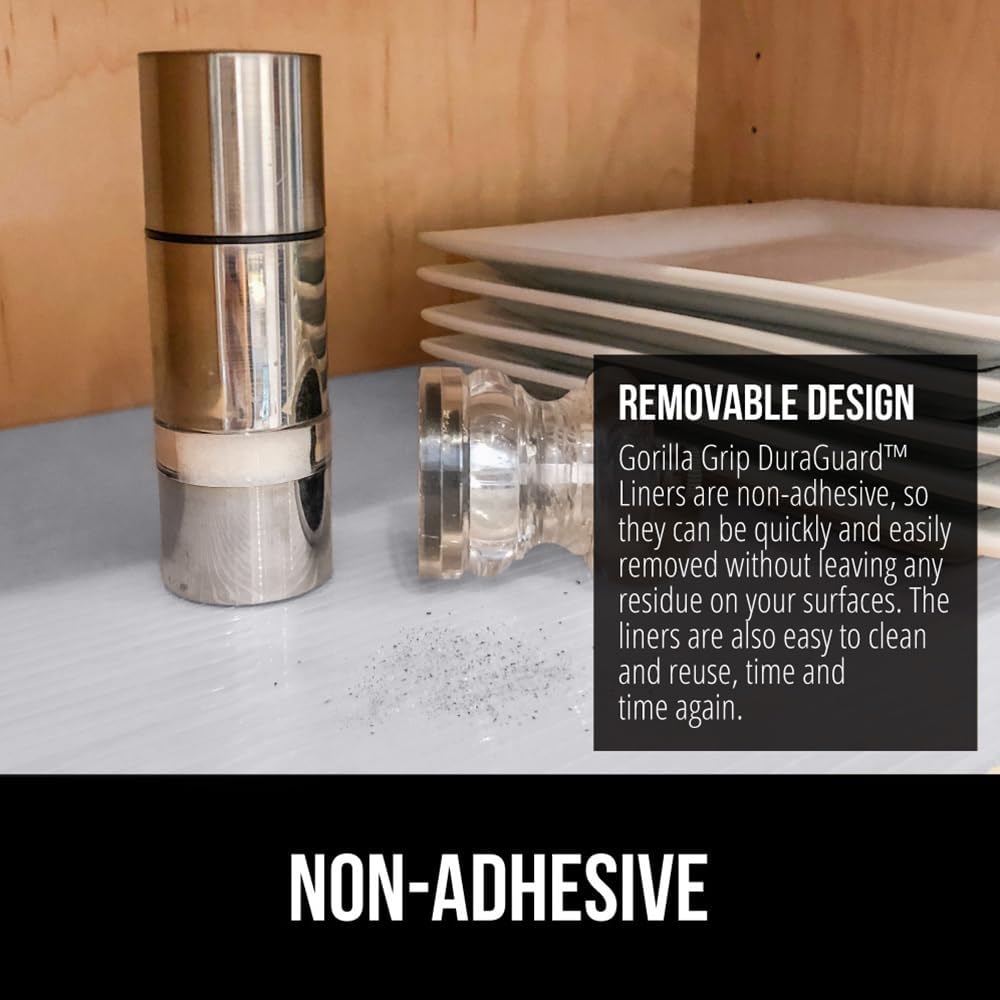 GORILLA GRIP DuraGuard Shelf Liner, Non-Adhesive Cabinet Liners for Kitchen Drawers, Shelves, Refrigerator, Pantry Storage, Bathroom Closet, Durable Waterproof BPA Free Ribbed Plastic, 12x20 Lt Gray