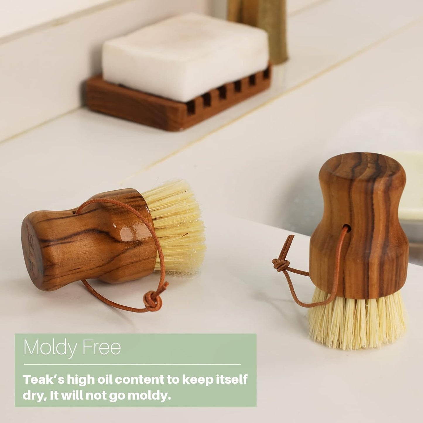 Teak Dish Scrub Brush 2PCS by HTB, Good Grip Small Wooden Dish Brush with Teak Handle & Sisal Bristles for Kitchen, Wood Cleaning Scrubbers Set for Washing Pan/Pot/Vegetable/Fruit