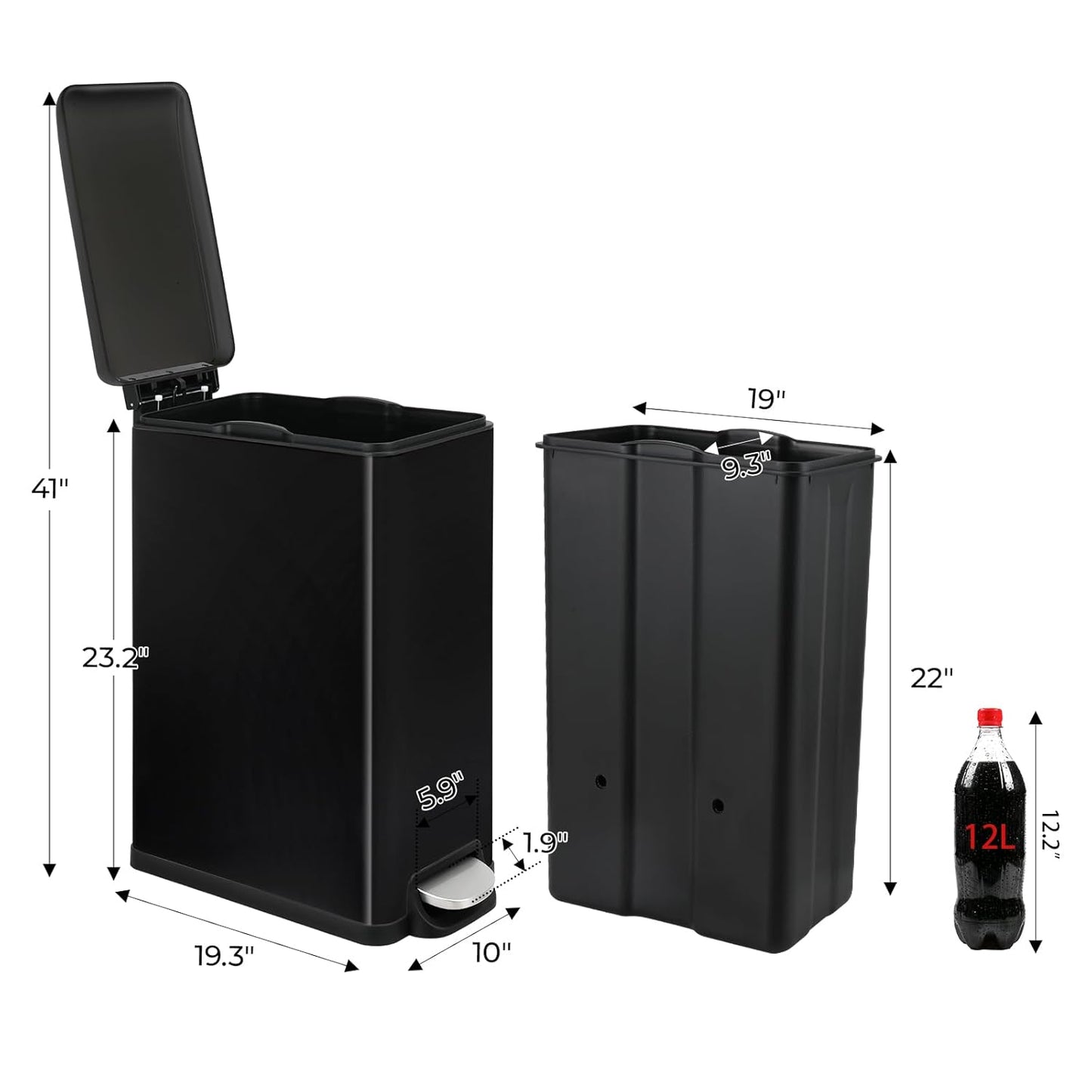 Arlopu 13.2 Gal Slim Kitchen Trash Can with Lid, 50L Stainless Steel Garbage Can, Large Kitchen Rubbish Can, Step Trash Bin w/Foot Pedal and Inner Bucket, Bathroom Trash Can Airtight (Black)