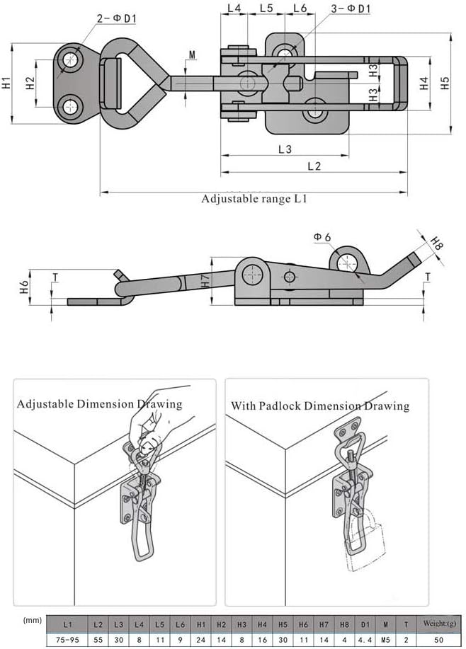 Adjustable Latch Buckle Cabinet Boxes Lever Handle Toggle Catch Latch Lock,Silver,Adjustable Range:75-95mm,2 Pcs