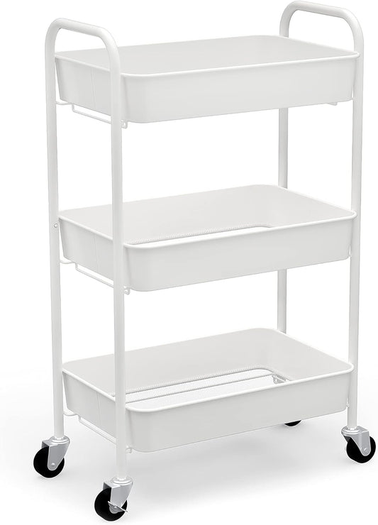 CAXXA 3-Tier Rolling Metal Storage Organizer - Mobile Utility Cart Kitchen Cart with Caster Wheels, White