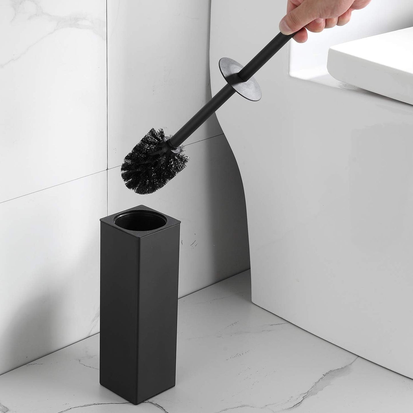BGL Toilet Brush and Holder Set, Matte Black Freestanding for Bathroom Storage and Organization, Square Design Sturdy and Space Saving