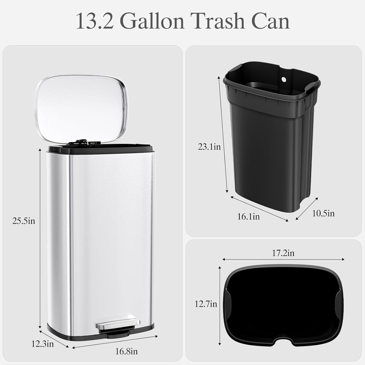 AthLike Trash Can, Stainless Steel Kitchen Garbage Can, Step Waste Bin with Hinged Lid and Removable Inner Bucket, Soft-Close, Dustbin for Bathroom Bedroom Living Room Home (Silver, 13.2 Gal)