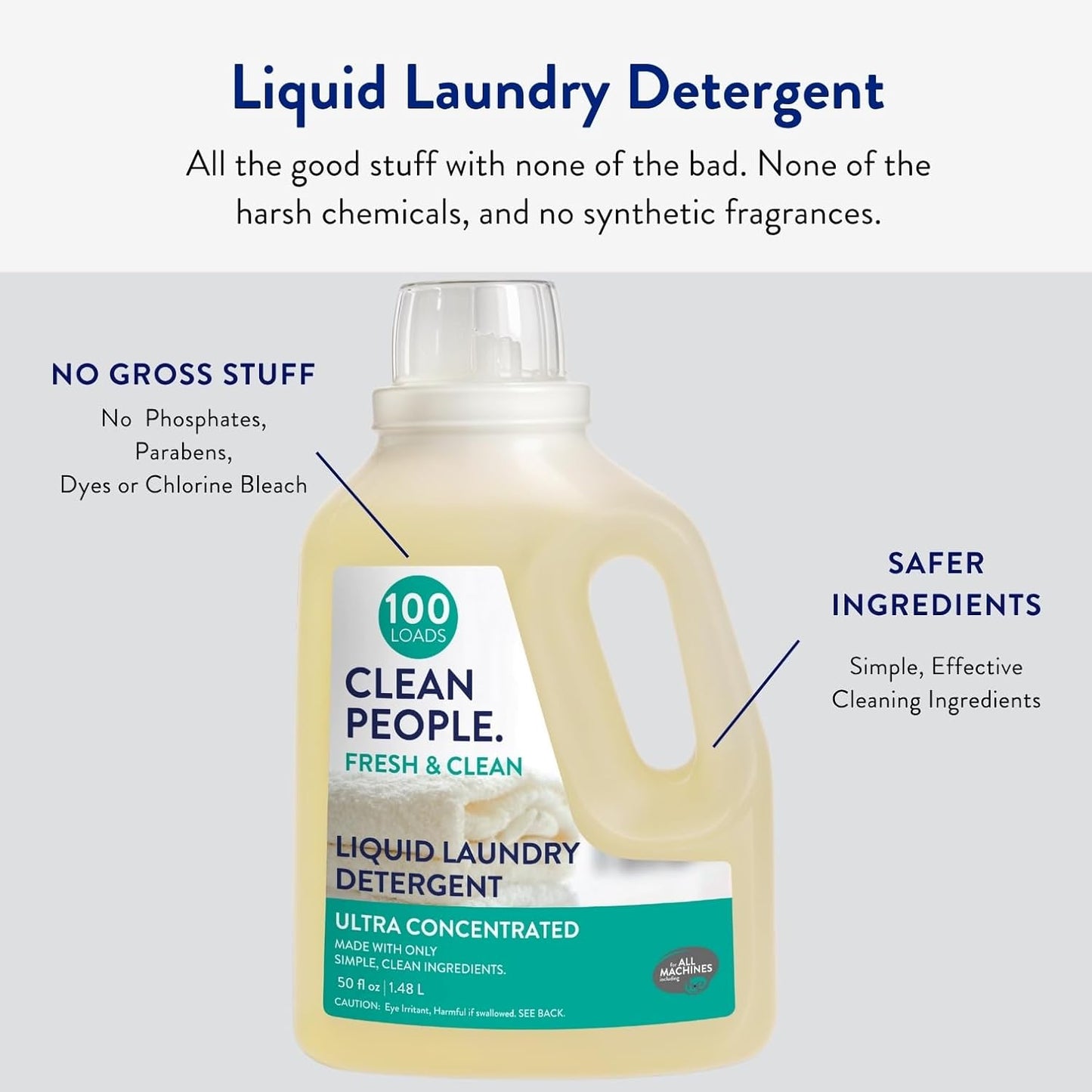 The Clean People Liquid Laundry Detergent - Recyclable Packaging, Stain Fighting - Ultra Concentrated, Laundry Soap - Fresh Scent, 50 fl oz (2 Pack)