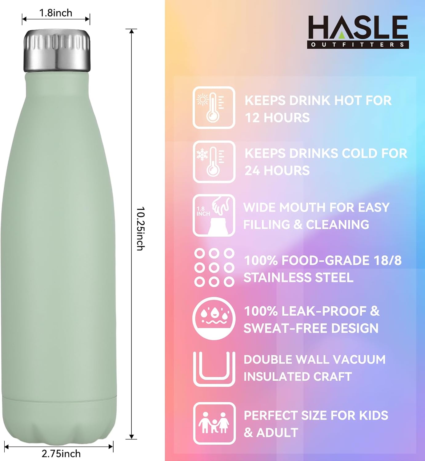 HASLE OUTFITTERS 17oz Stainless Steel Water Bottles, Vacuum Insulated Water Bottles Double Walled Reusable Metal Sports Water Bottles Keep Drinks Hot and Cold, Light Green, 1Pack