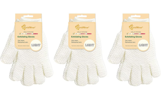 Evridwear Exfoliating Gloves for Shower, 100% Nylon Thick Soft Medium Heavy Bathing Gloves Dead Skin Remover Body Scrubber Smooth Skin with Hang Loop, 3 Pairs Light White