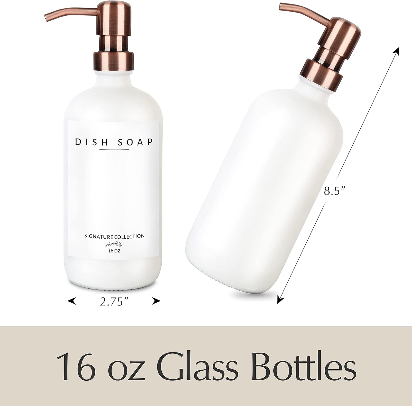 Emerson Essentials Thick Glass Soap Bottle Dispensers, 2 Pack, Non Rust Stainless Steel Pumps Hand Set for Bathroom Kitchen Sink, Shampoo Lotion Liquid Jars, 16 Oz, with 4 Waterproof Labels – White