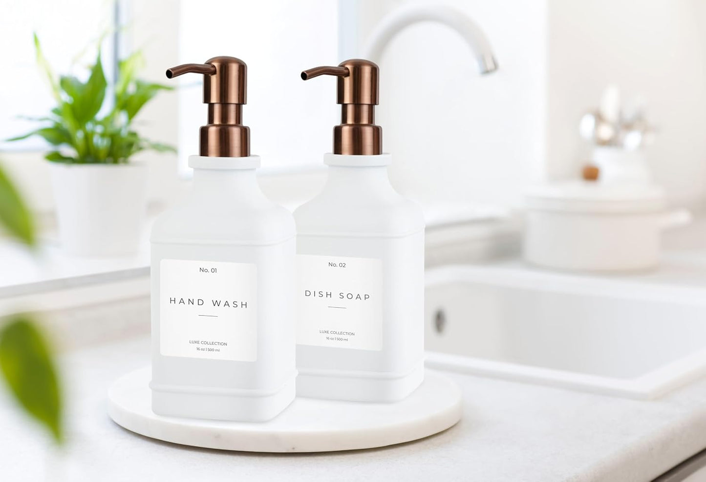 Emerson Essentials Soap Dispenser, Dish Soap Dispenser, Soap Bottle Bathroom Set, Hand Soap Dispenser, Kitchen Soap Dispenser Set - Glass Soap Dispenser with Pump and Labels, 16 Oz, 2 Pack