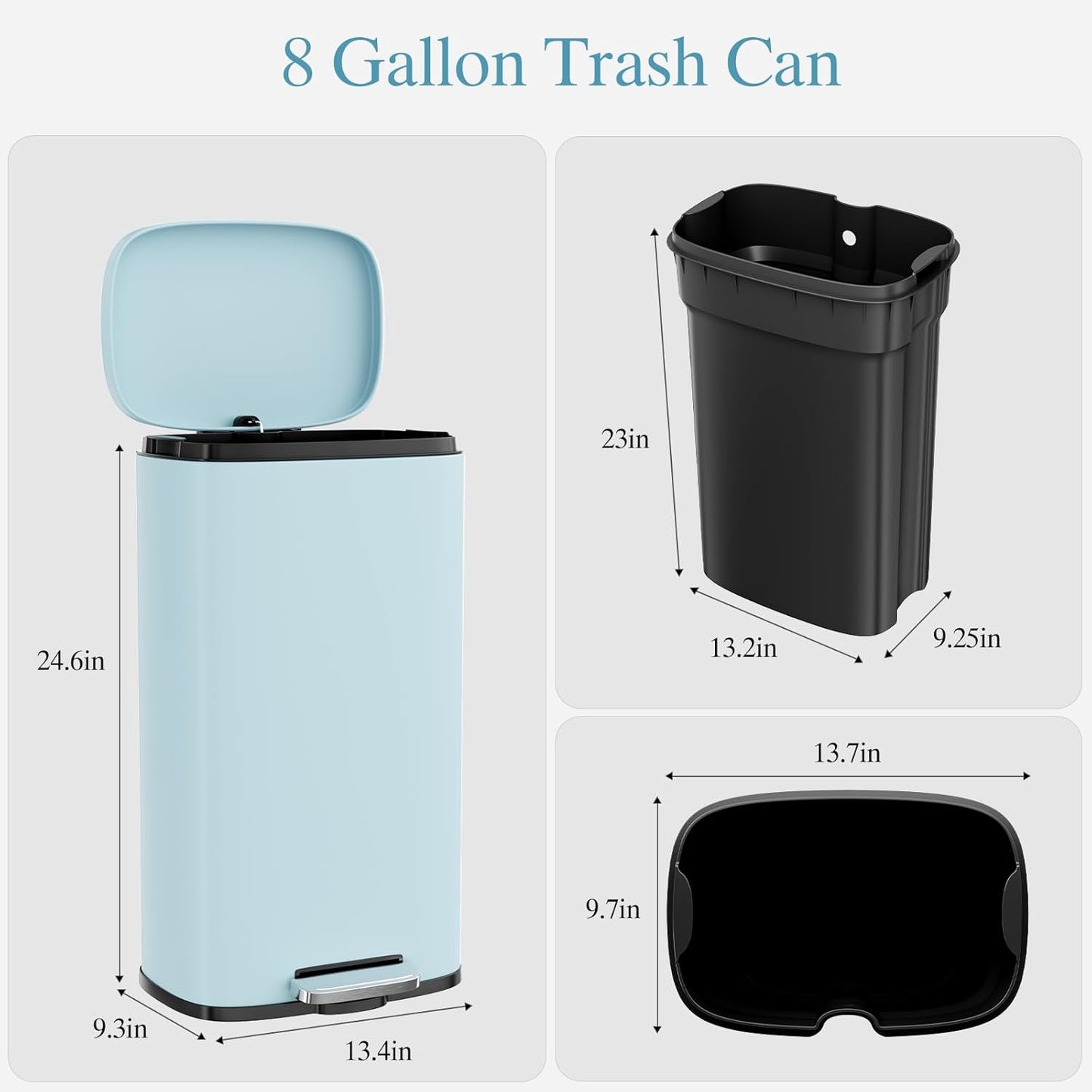 AthLike Trash Can, Stainless Steel Kitchen Garbage Can, Step Waste Bin with Hinged Lid and Removable Inner Bucket, Soft-Close, Dustbin for Bathroom Bedroom Living Room Home (Tide Pool Blue, 8 Gal)