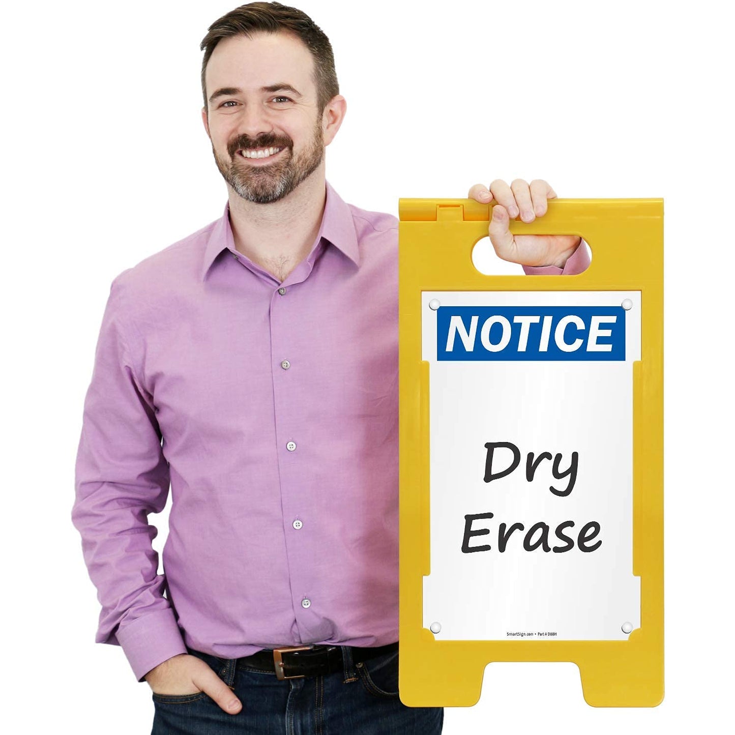 SmartSign 25 x 12 inch “Notice” Write-On Two-Sided Folding Floor Sign, Dry Erase, Digitally Printed Polypropylene Plastic, Multicolor, Made in USA