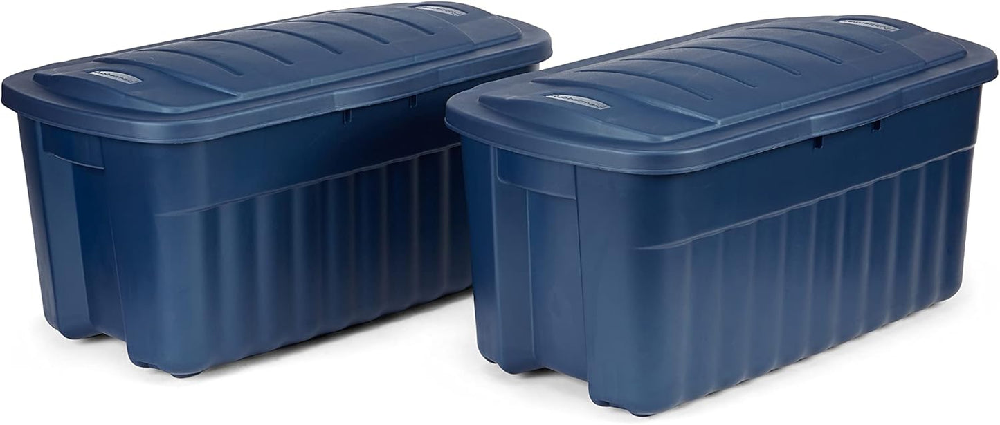 Rubbermaid Roughneck Tote 40 Gal, 2 Pack, Made in USA, Dark Indigo Metallic, Rugged Plastic Stackable Storage Bins with Lids and Handles