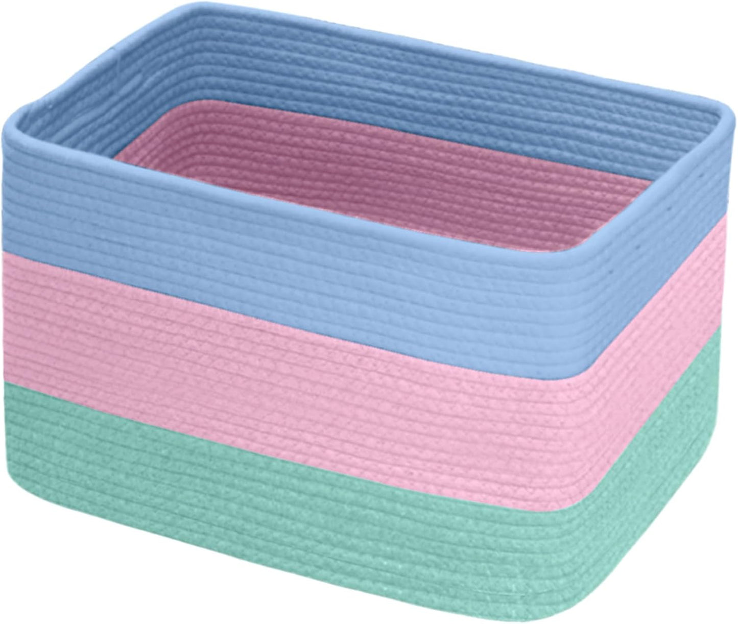 Hopegiver Woven Storage Baskets 15x11x10 Inch, 1 Pack Collapsible Cube Storage Bin for Shelves - Foldable Cotton Rope Organizer Bins for Towels, Toys, Books, Closet, Nursery (Blue Pink Green)