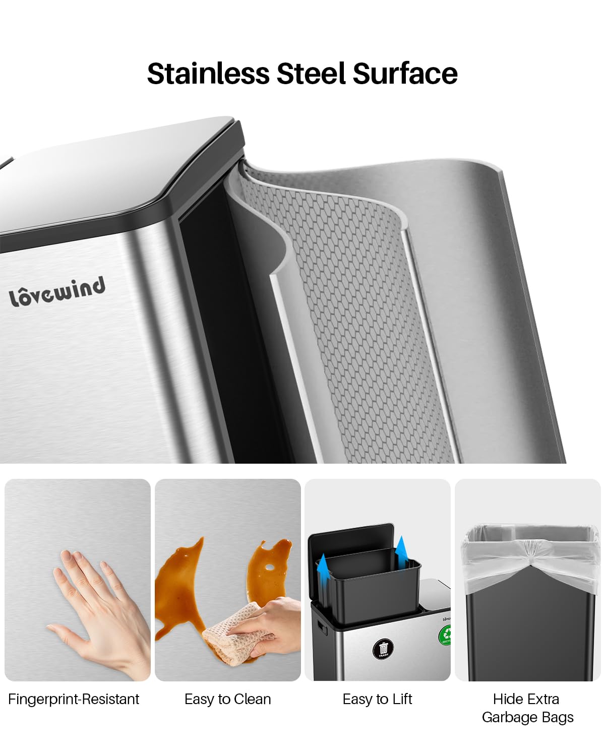 Dual Trash and Recycling Bins for Kitchen, 13.2 + 5.2 Gal (50+20L) Stainless Steel Trash and Recycle Bin Combo with Soft-Close Lid, Large Garbage Cans for Kitchen Home with 2 Magnets Sticker, Silver