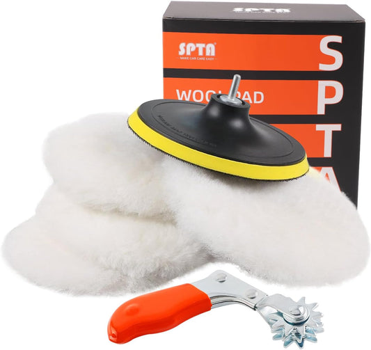 Wool Polishing Buffing Pad, SPTA 6 Pcs 6 Inch 150mm Polishing Buffing Wheel for Drill Buffer Attachment with 5/8"-11 Drill Adapter Compound Cutting & Polishing for Car Polisher