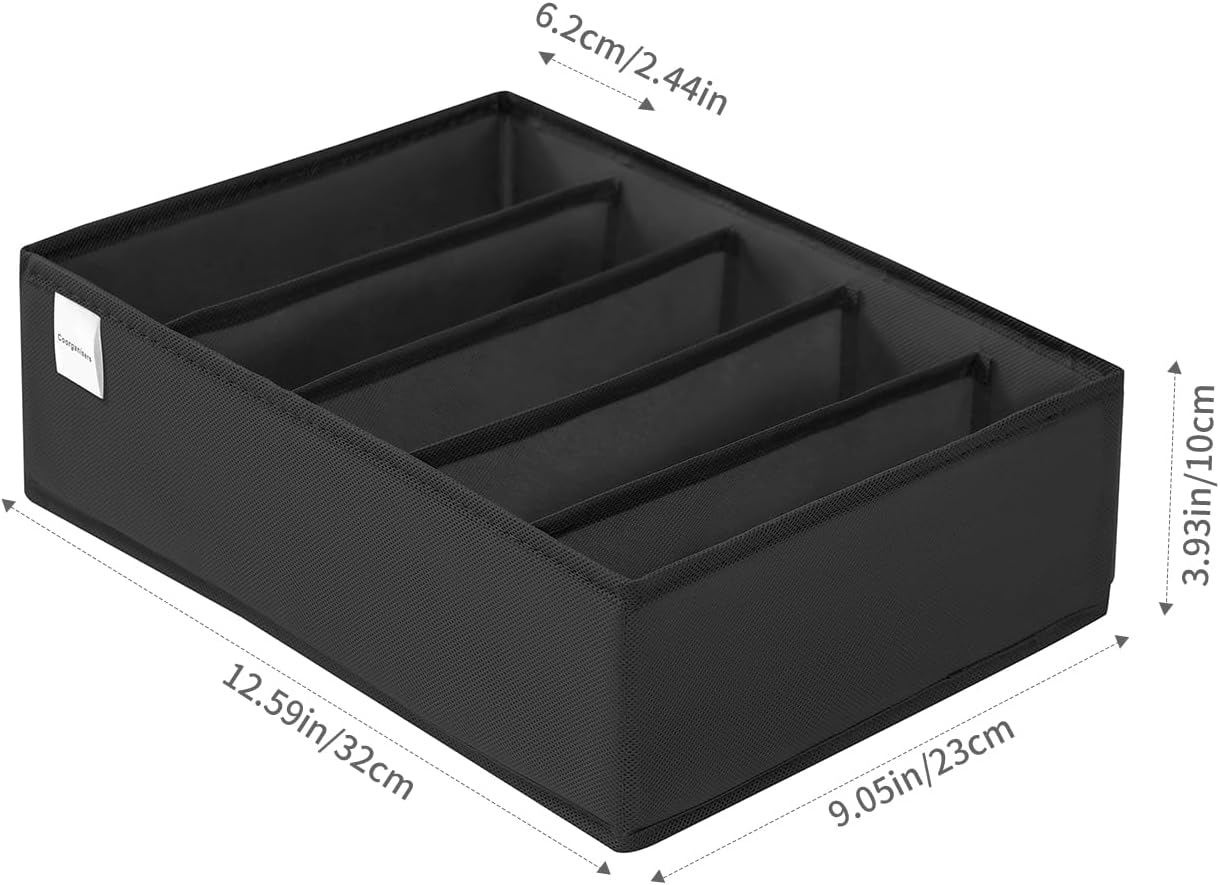 4 Packs T-shirt Drawer Organizers for Clothing,5 Grids Compartment Wardrobe Storage Box, Washable Clothes Organizer for Folded Clothes, T-shirt, Legging, Silk Scarve-Black
